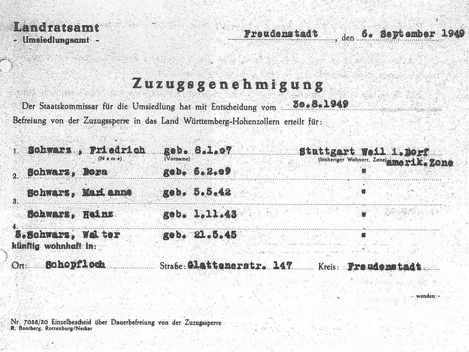  Schopflocher Skizzen Zuzugsgenehmigung für die Familie Friedrich Schwarz jun. - Bild wird mit einem Klick vergrößert 