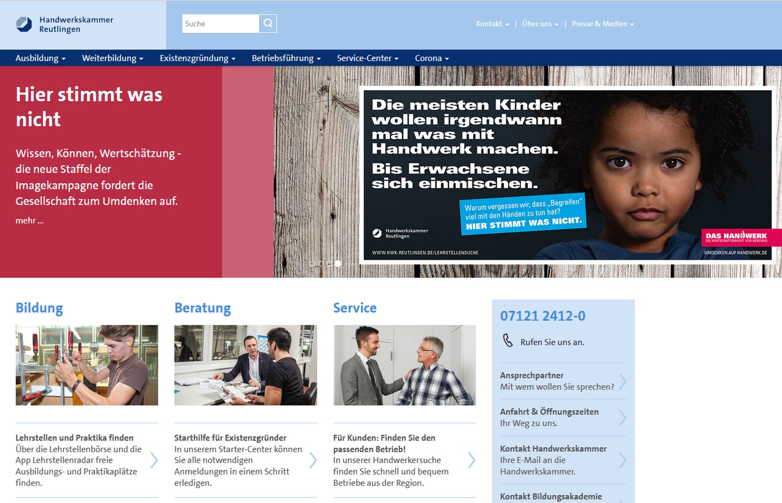  Screenshot der Startseite von der HWK Reutlingen - das Bild wird mit einem Klick vergrößert 