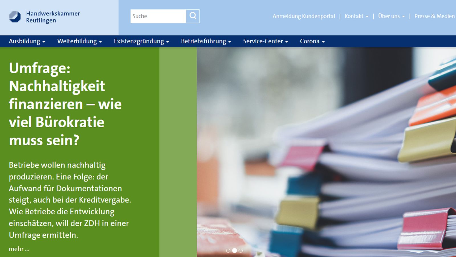  Screenshot der Startseite von der HWK Reutlingen - das Bild wird mit einem Klick vergrößert 